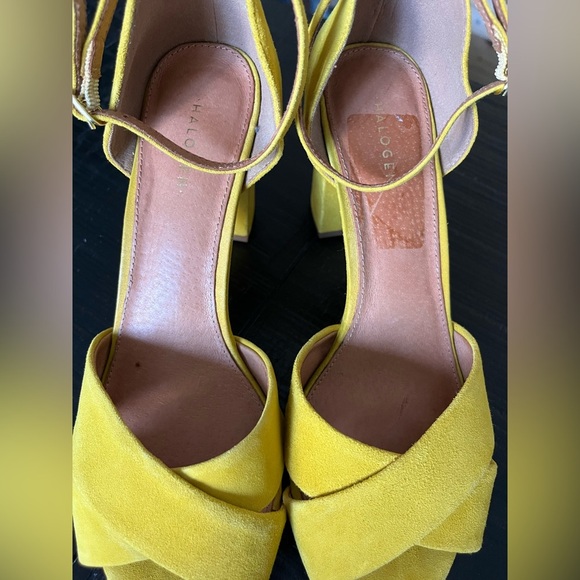 Halogen Criss Cross Block Heel Sandal Mustard Yellow SZ 7 Leather - Picture 2 of 8